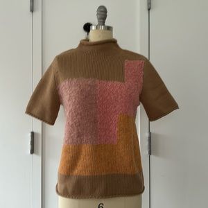 COS short sleeve wool sweater in camel/pink/orange colored pattern, size M